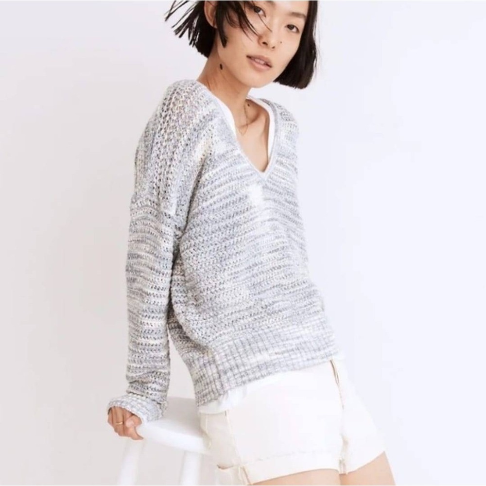Madewell Womens Blue White Space Dye V-Neck Textured Knit Sweater Size Small‎